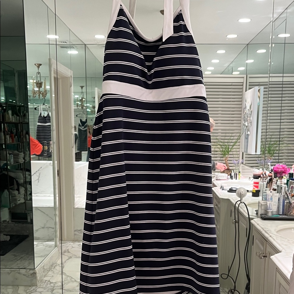 Talbots Navy striped halter dress size small.  Excellent condition!